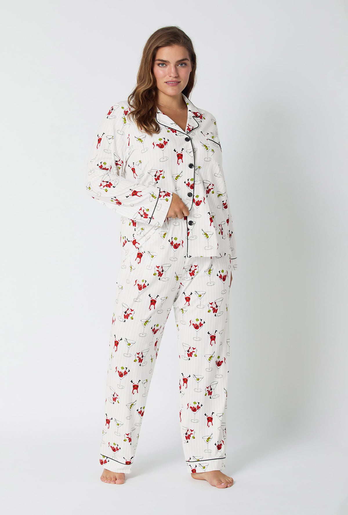 A lady wearing Tipsy Santa Long Sleeve Classic Stretch Jersey Pj Set