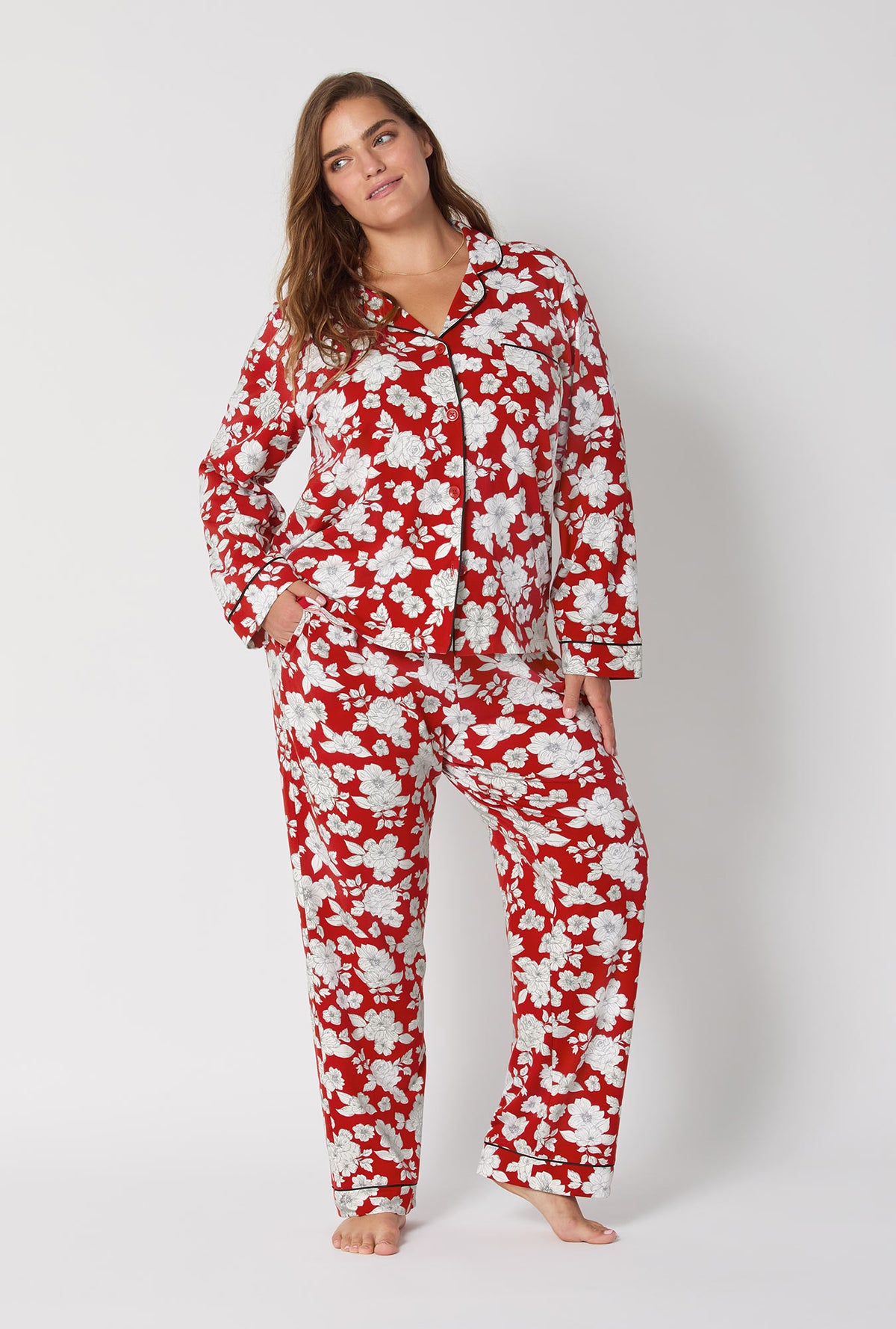 A lady wearing Floral Charm Long Sleeve Classic Stretch Jersey Pj Set