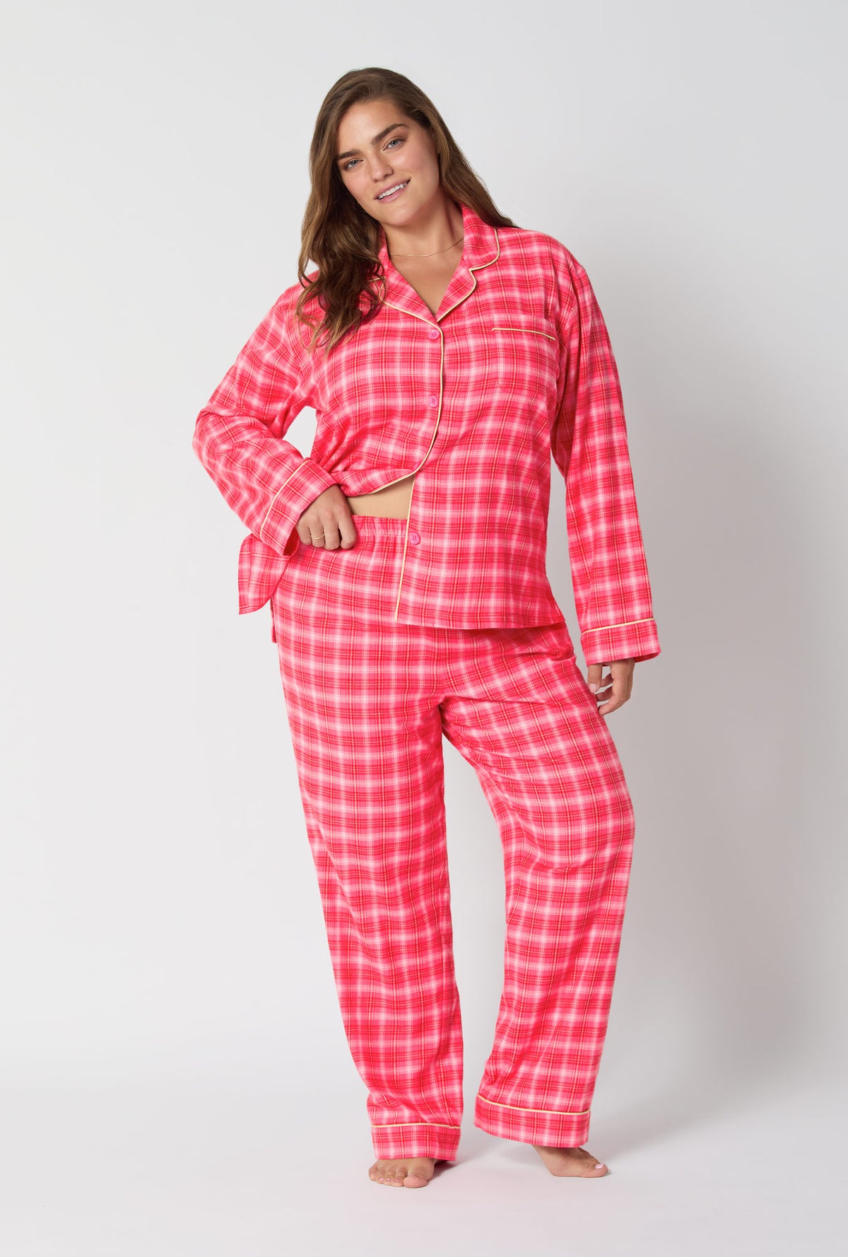 A lady wearing Wonderland Plaid Long Sleeve Classic Woven Portuguese Flannel PJ Set