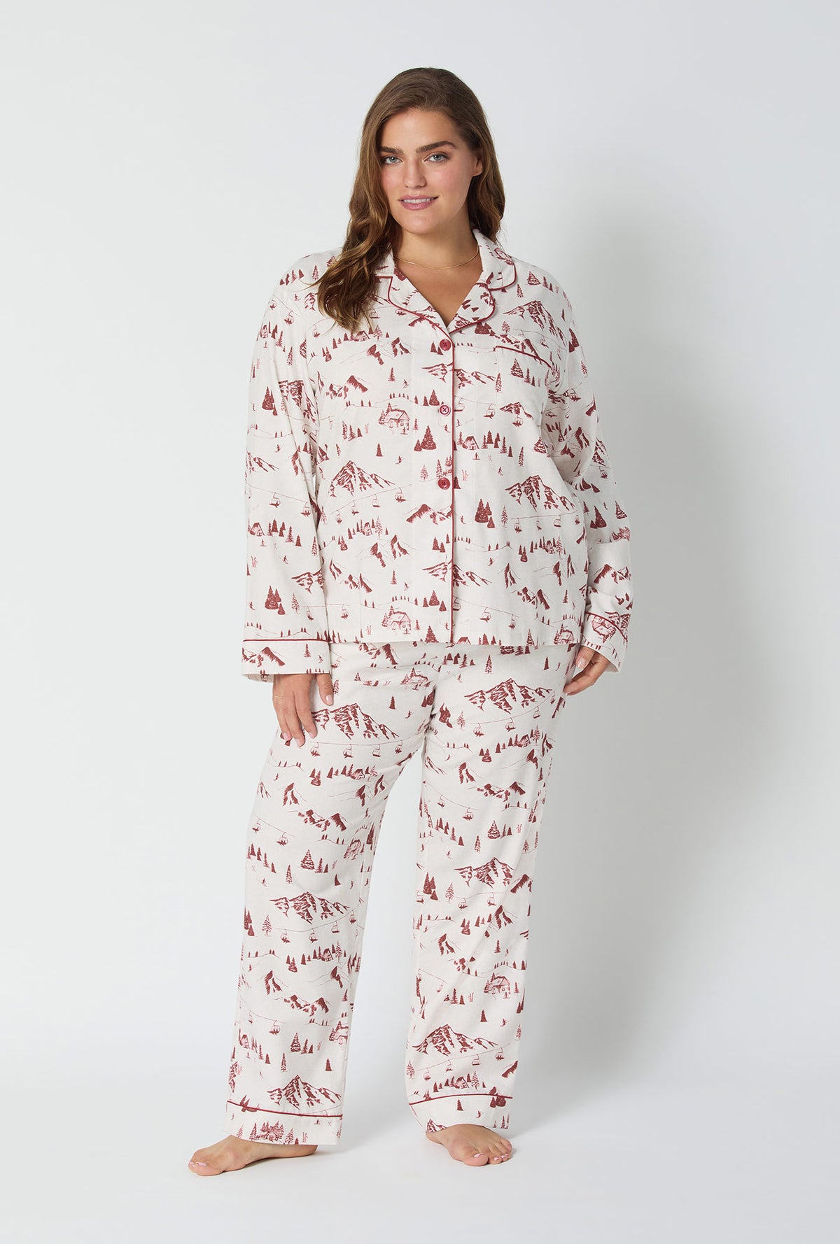 A lady wearing Alpine Toile Long Sleeve Classic Woven Portuguese Flannel PJ Set