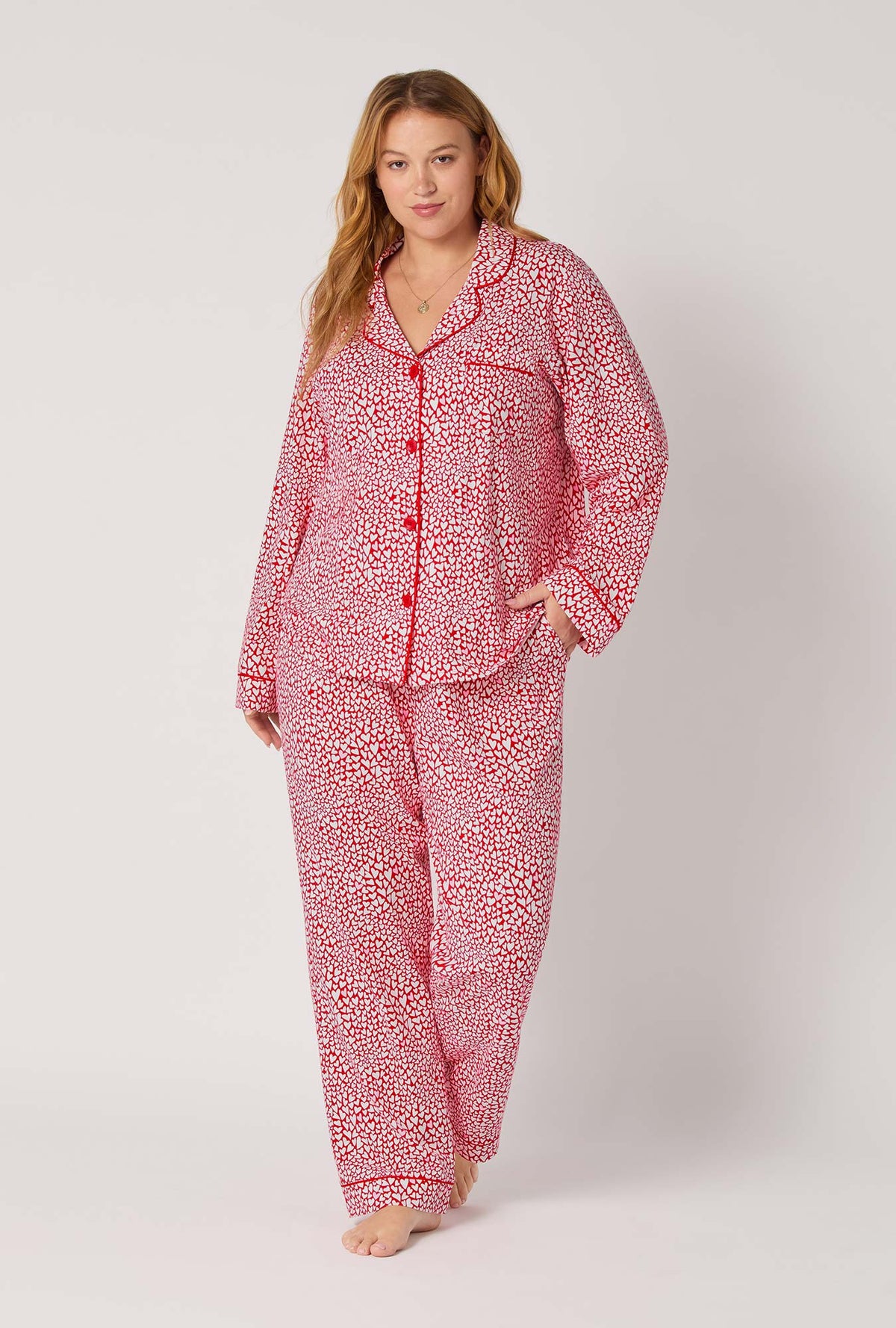 A lady wearing Bursting With Love Long Sleeve Classic Stretch Jersey Pj Set