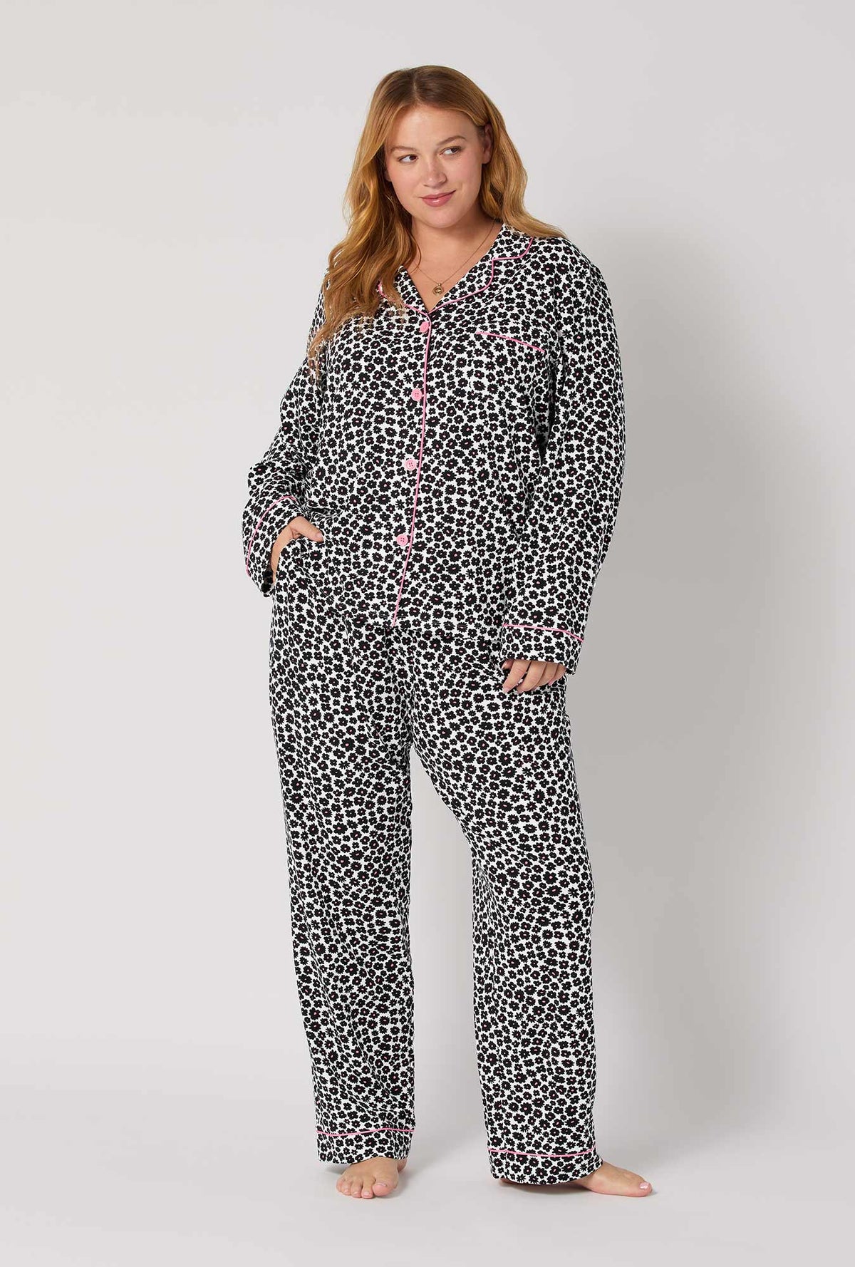 A lady wearing Viola Long Sleeve Classic Stretch Jersey Pj Set