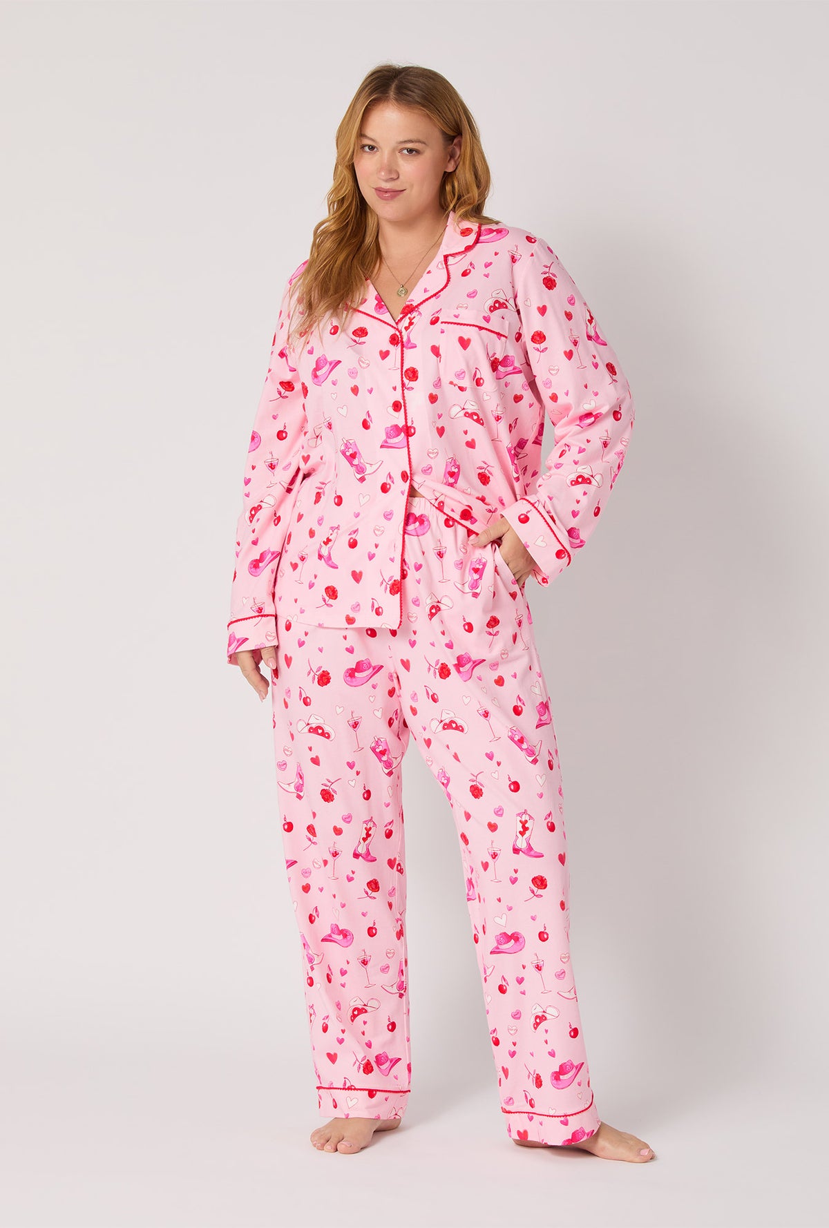 A lady wearing Giddy Up Galentine Long Sleeve Classic Stretch Jersey Pj Set