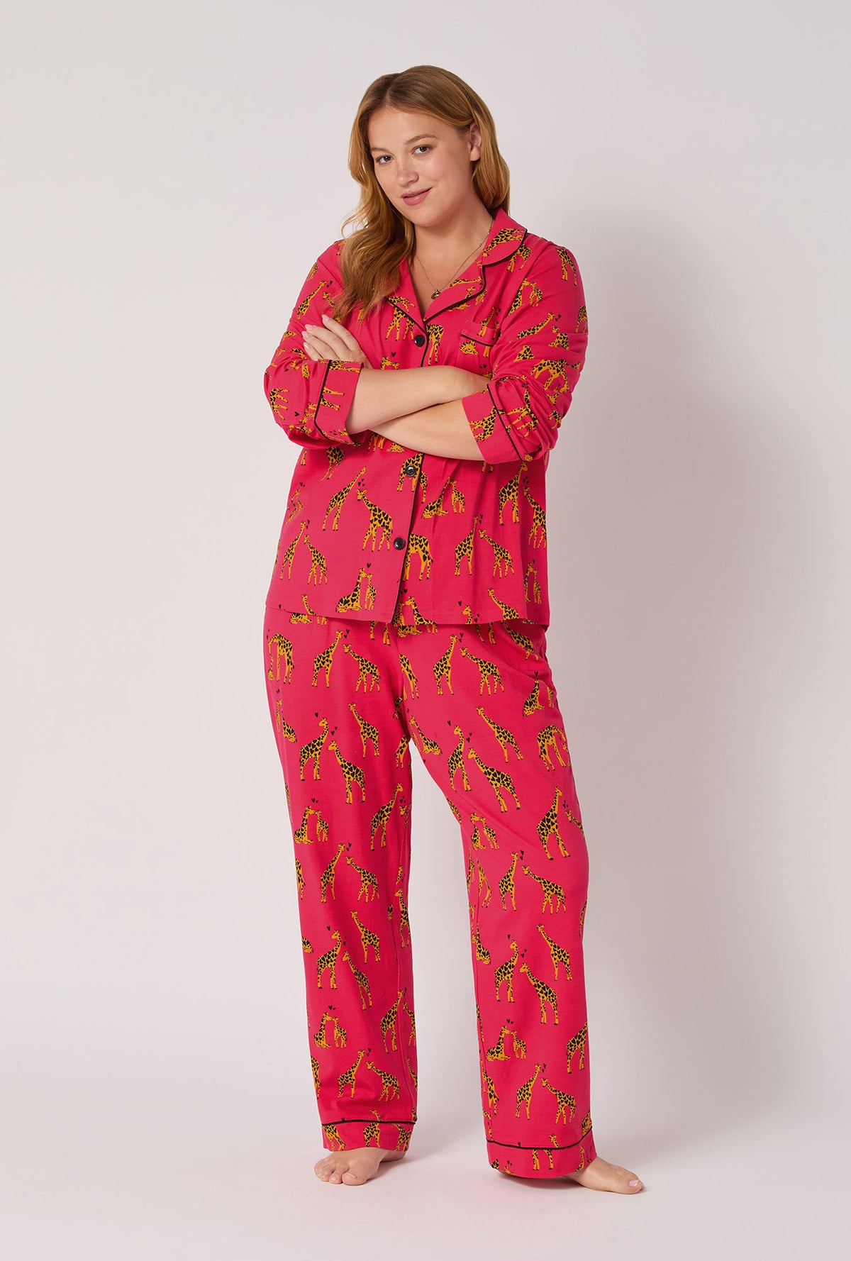 A lady wearing Giraffes In Love Long Sleeve Classic Stretch Jersey Pj Set