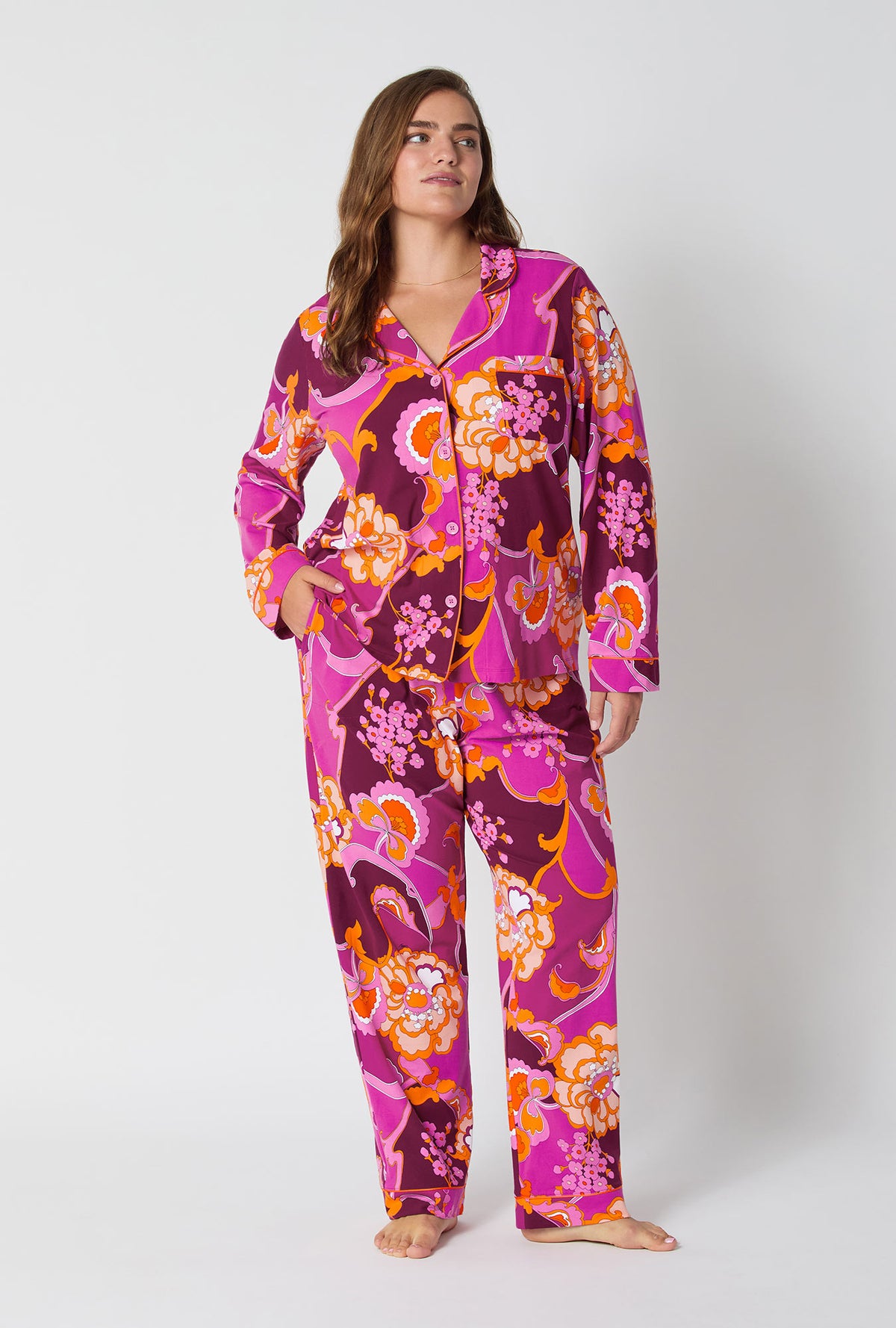 A lady wearing BedHead X Trina Turk Apache Plume Long Sleeve Classic Stretch Jersey Pj Set