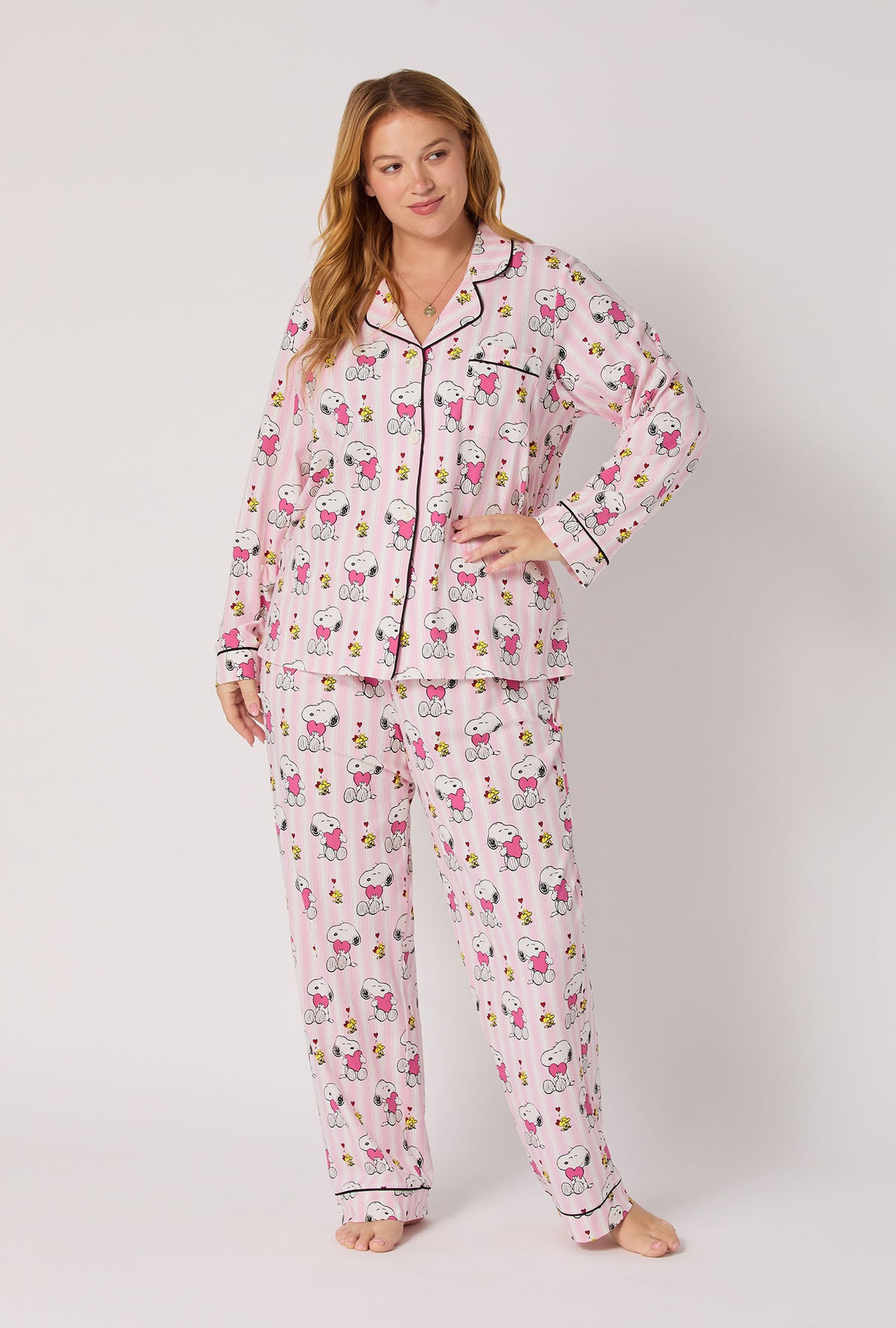 A lady wearing Snoopy's Valentine Long Sleeve Classic Stretch Jersey Pj Set