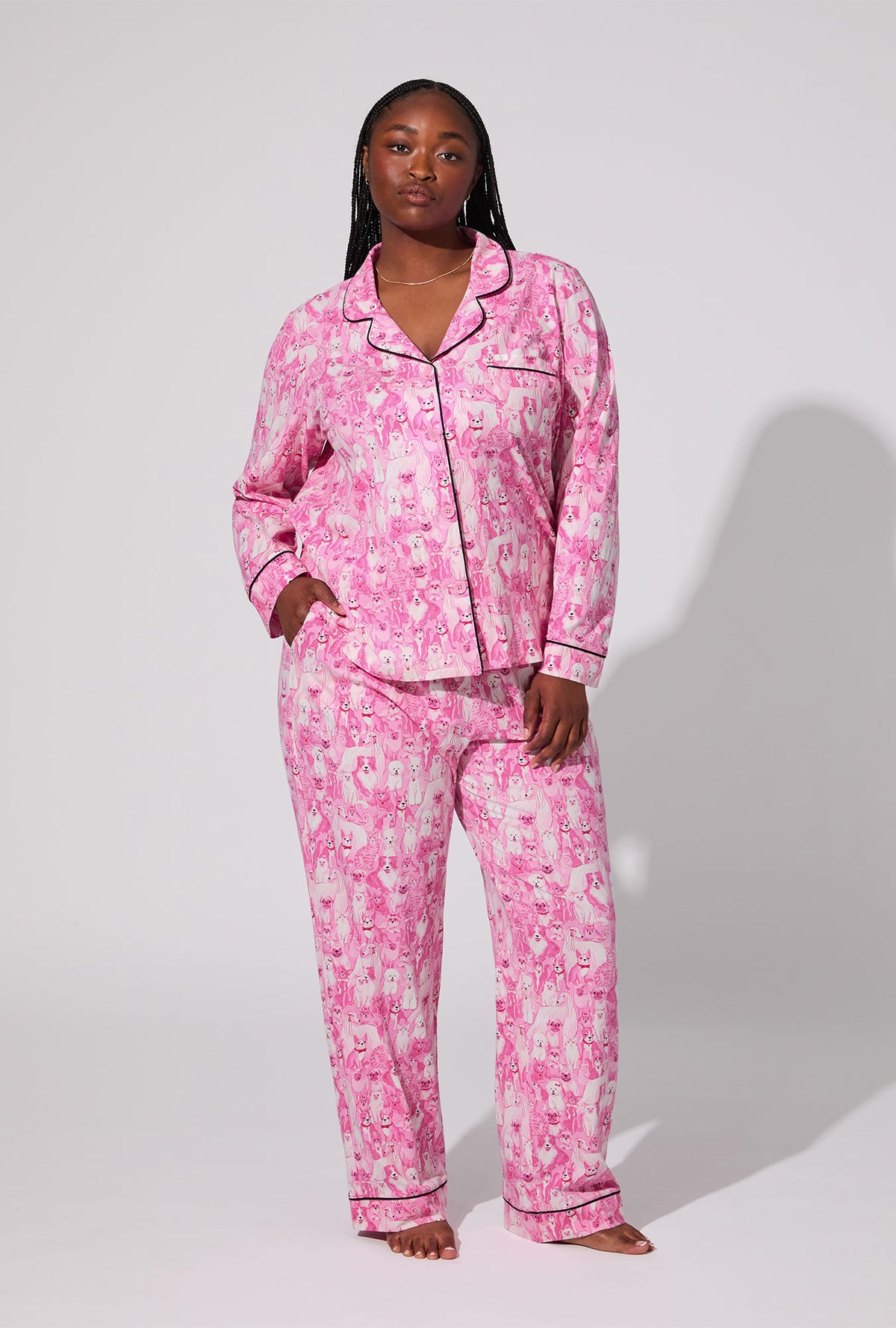 A lady wearing Paw-fectly Pink Long Sleeve Classic Stretch Jersey PJ Set