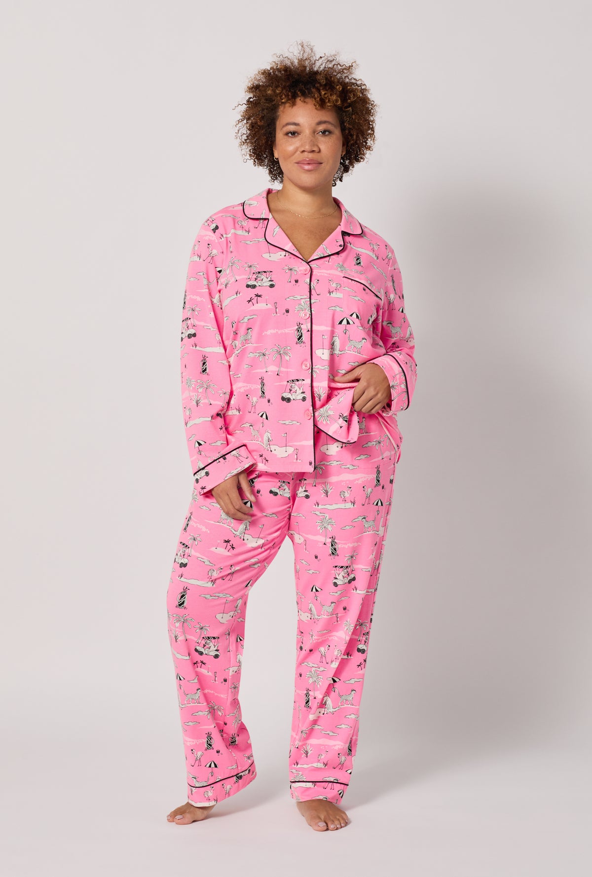 A lady wearing plus Putting Pink Long Sleeve Classic Stretch Jersey Pj Set