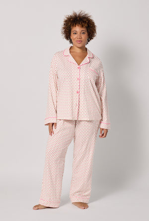 A lady wearing plus Blossom Geo Long Sleeve Classic Stretch Jersey Pj Set