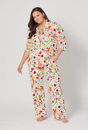 A lady wearing plus Organic Garden Long Sleeve Classic Stretch Jersey Pj Set