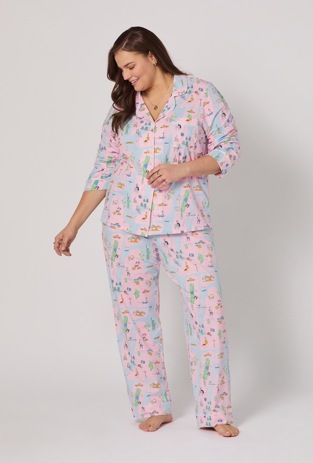 A lady wearing plus size New York, New York Long Sleeve Classic Stretch Jersey Pj Set