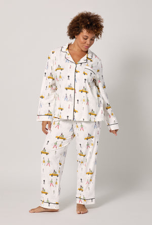 A lady wearing plus size Fashion Week Long Sleeve Classic Stretch Jersey Pj Set