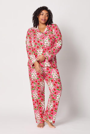 A lady wearing plus size Spring Berry Long Sleeve Classic Stretch Jersey Pj Set