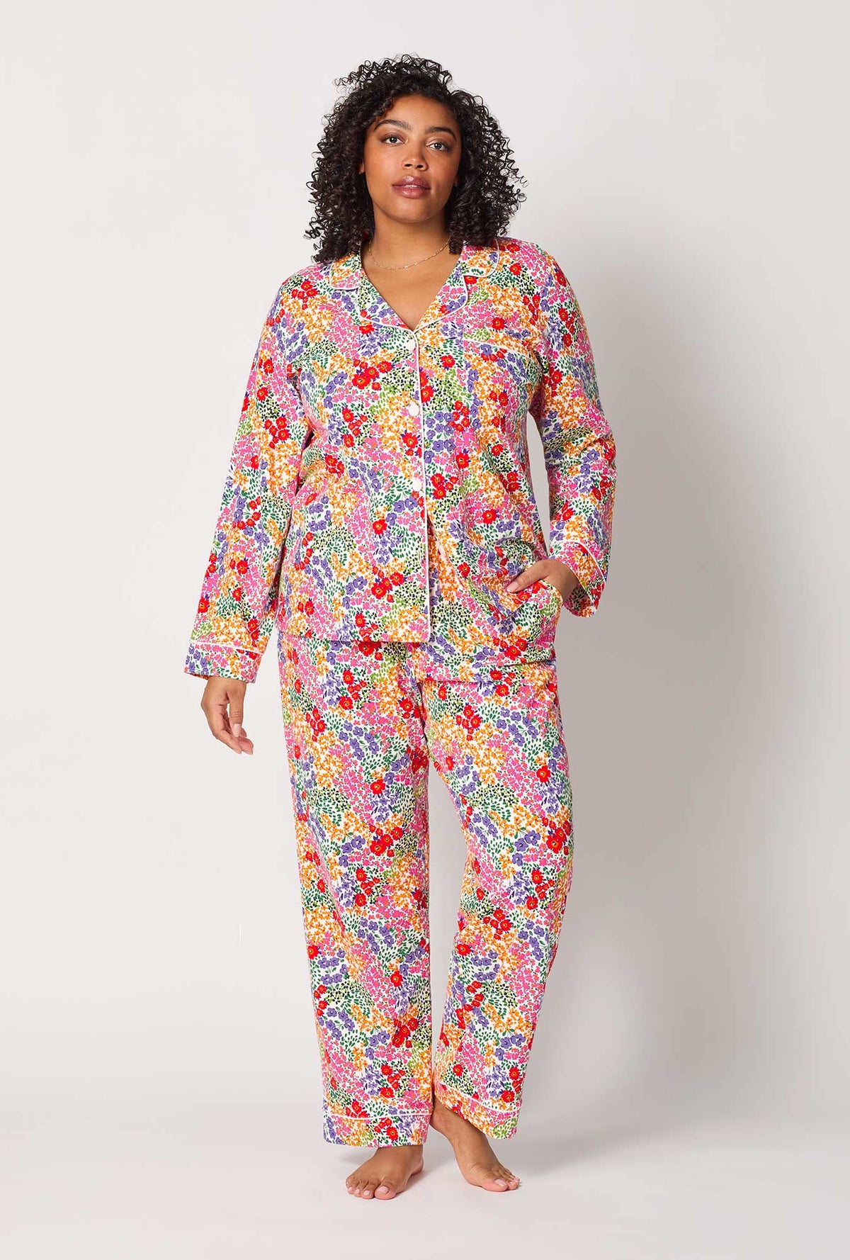 A lady wearing plus size Spring Fields Long Sleeve Classic Stretch Jersey Pj Set