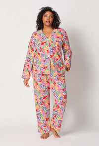A lady wearing plus size Spring Fields Long Sleeve Classic Stretch Jersey Pj Set
