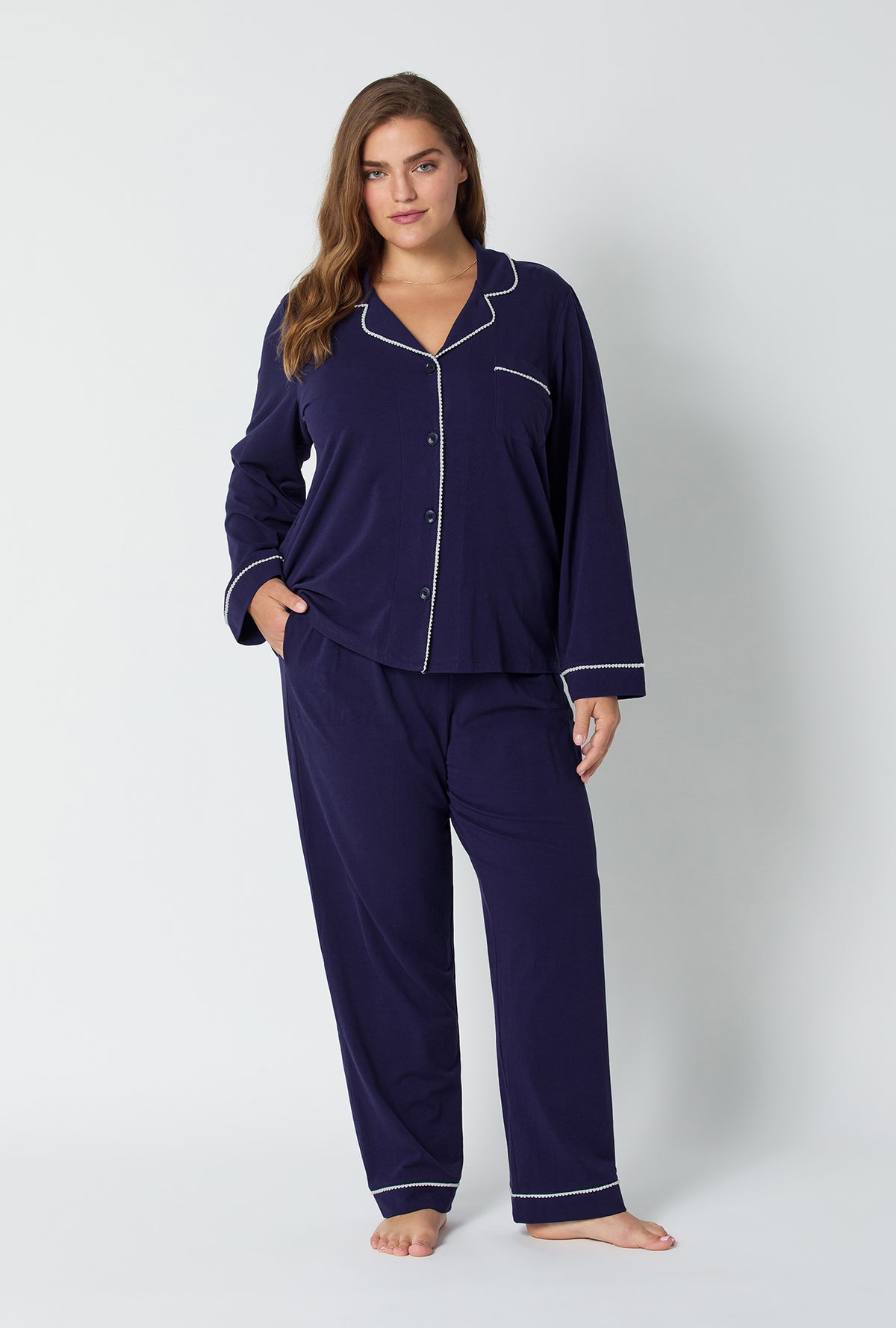 A lady wearing Midnight Navy Long Sleeve Classic Stretch Jersey Pj Set