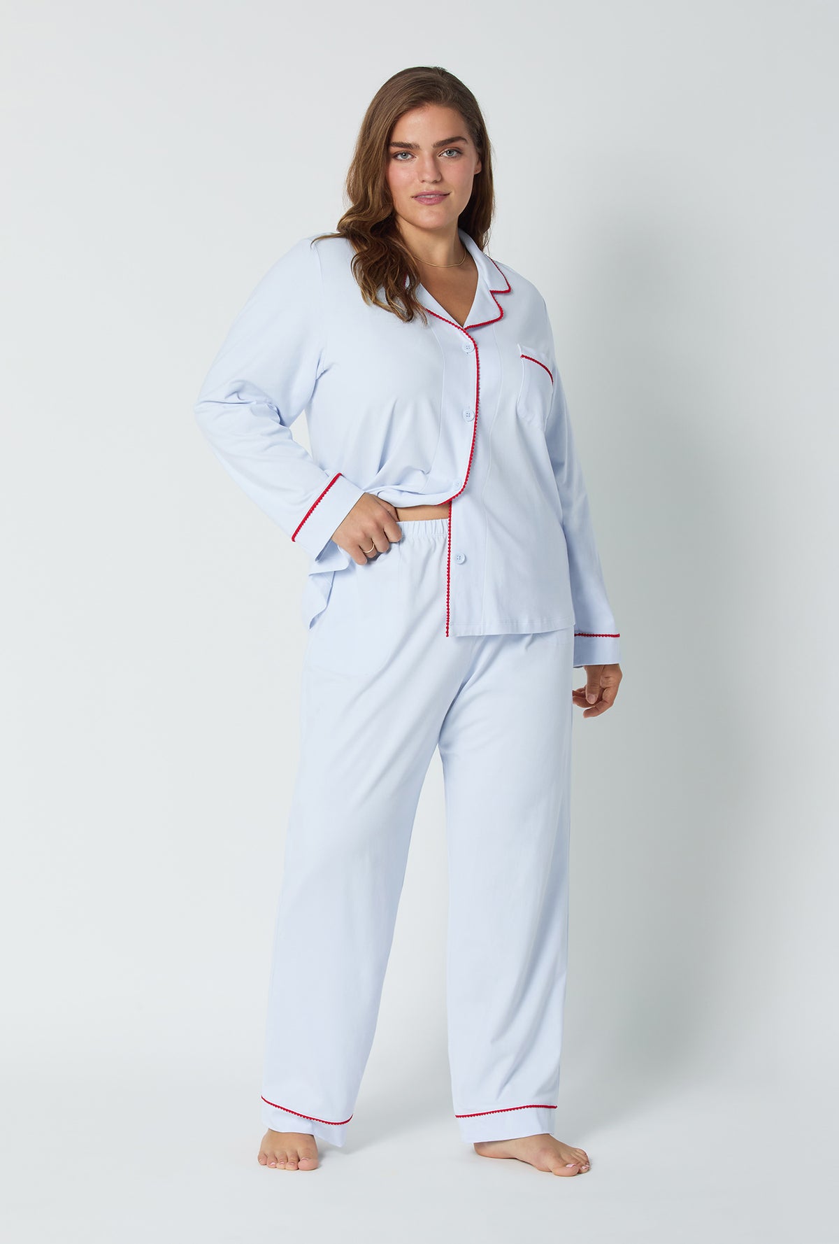 A lady wearing Blissful Blue Long Sleeve Classic Stretch Jersey Pj Set