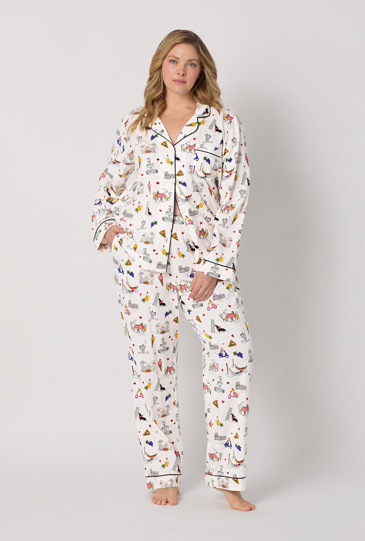 A lady wearing plus size White Long Sleeve Classic Stretch Jersey Pj Set front view