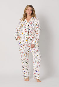 A lady wearing plus size White Long Sleeve Classic Stretch Jersey Pj Set front view