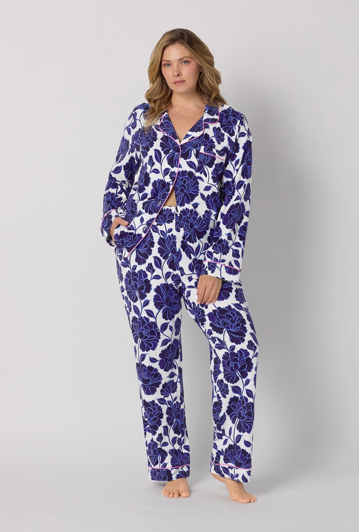 A lady wearing plus size Blue and  White Long Sleeve Classic Stretch Jersey Pj Set front view