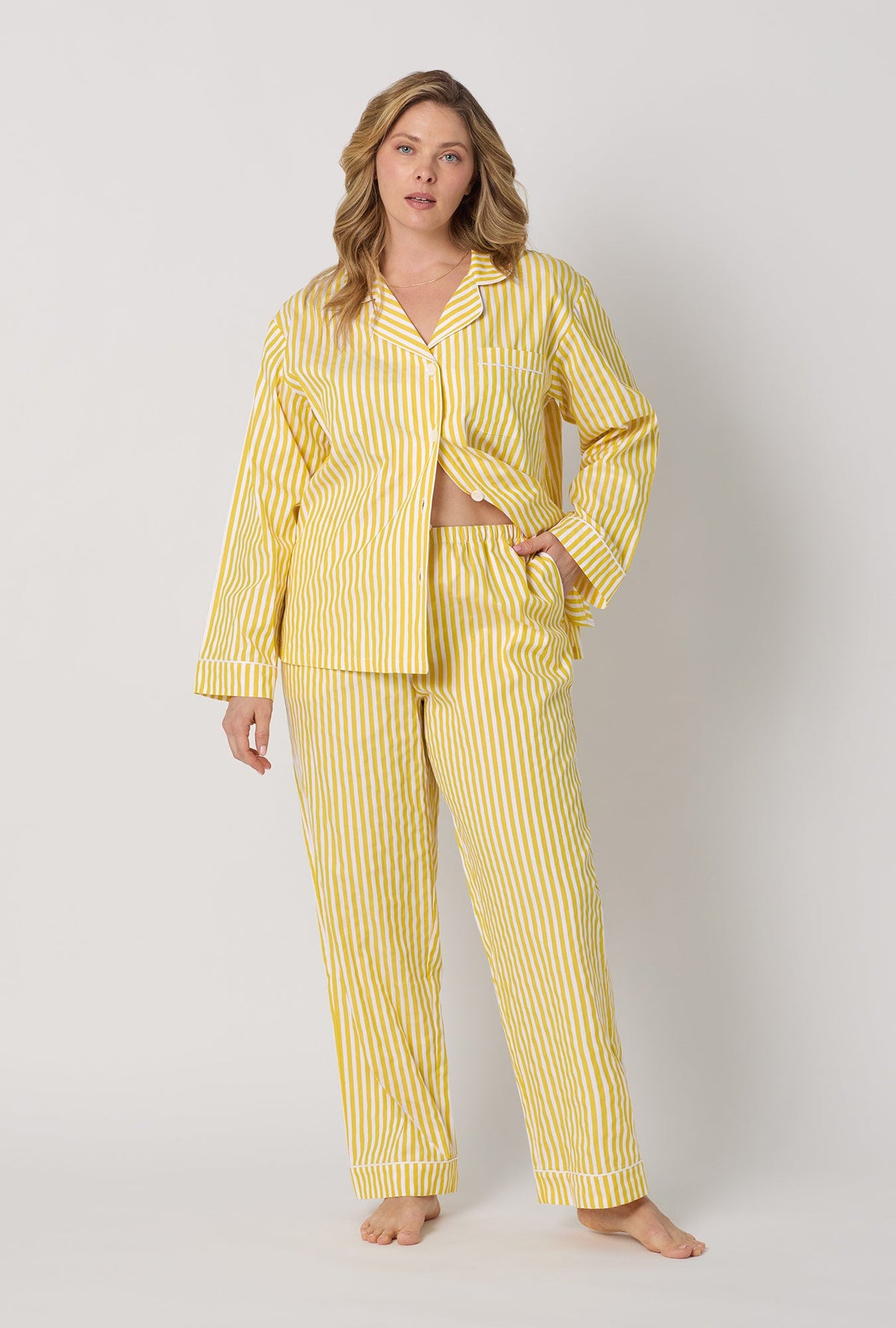A lady wearing plus size Yellow Long Sleeve Classic Woven Cotton Sateen Pj Set front view