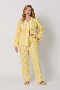 A lady wearing plus size Yellow Long Sleeve Classic Woven Cotton Sateen Pj Set front view