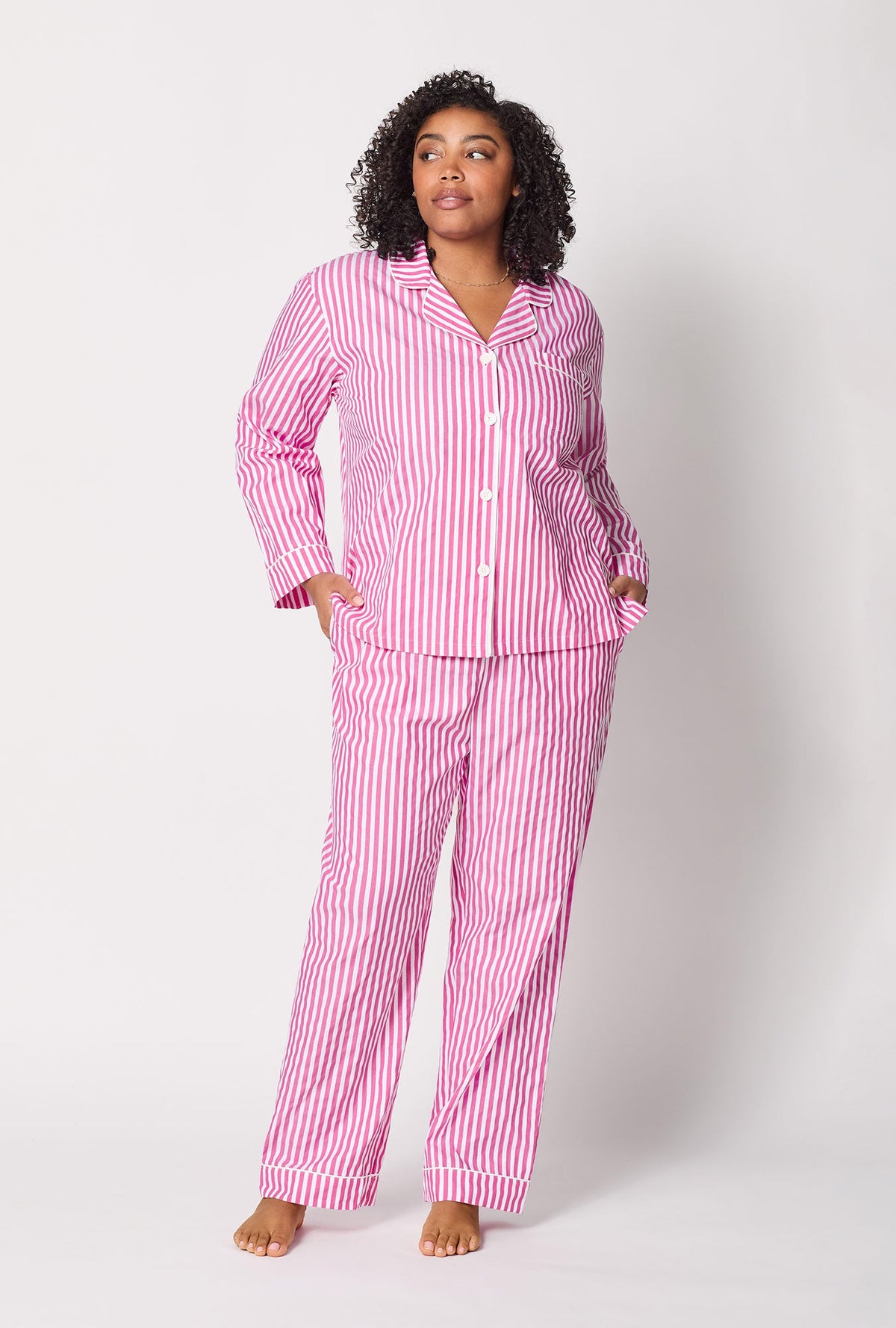 A lady wearing plus size Pink Long Sleeve Classic Woven Cotton Sateen Pj Set front view