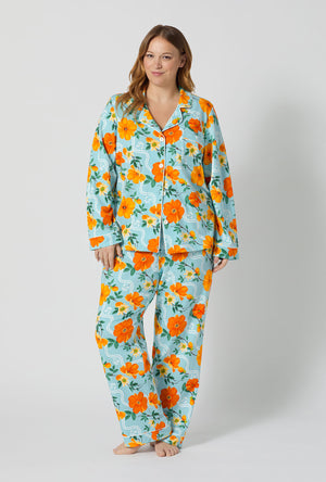 A lady wearing plus size Golden Breeze Long Sleeve Classic Stretch Jersey Pj Set