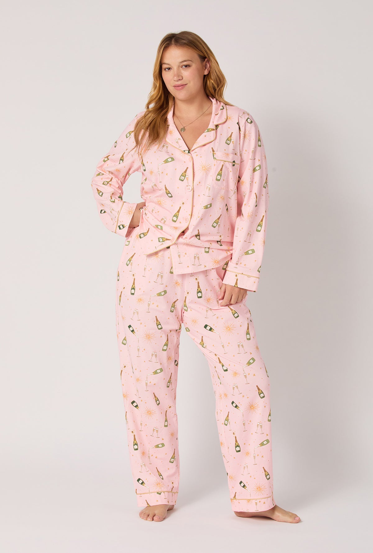 A Lady wearing Pop Fizz Clink Long Sleeve Classic Stretch Jersey Pj Set