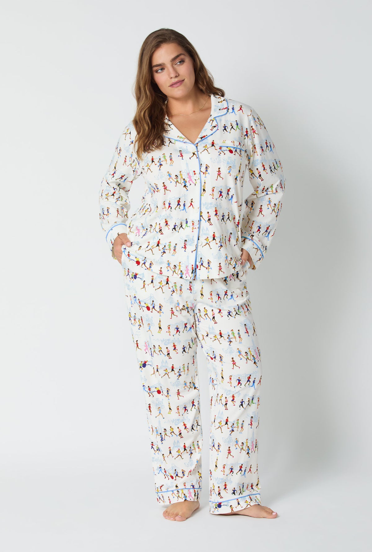 A lady wearing Run NYC Run Long Sleeve Classic Stretch Jersey Pj Set