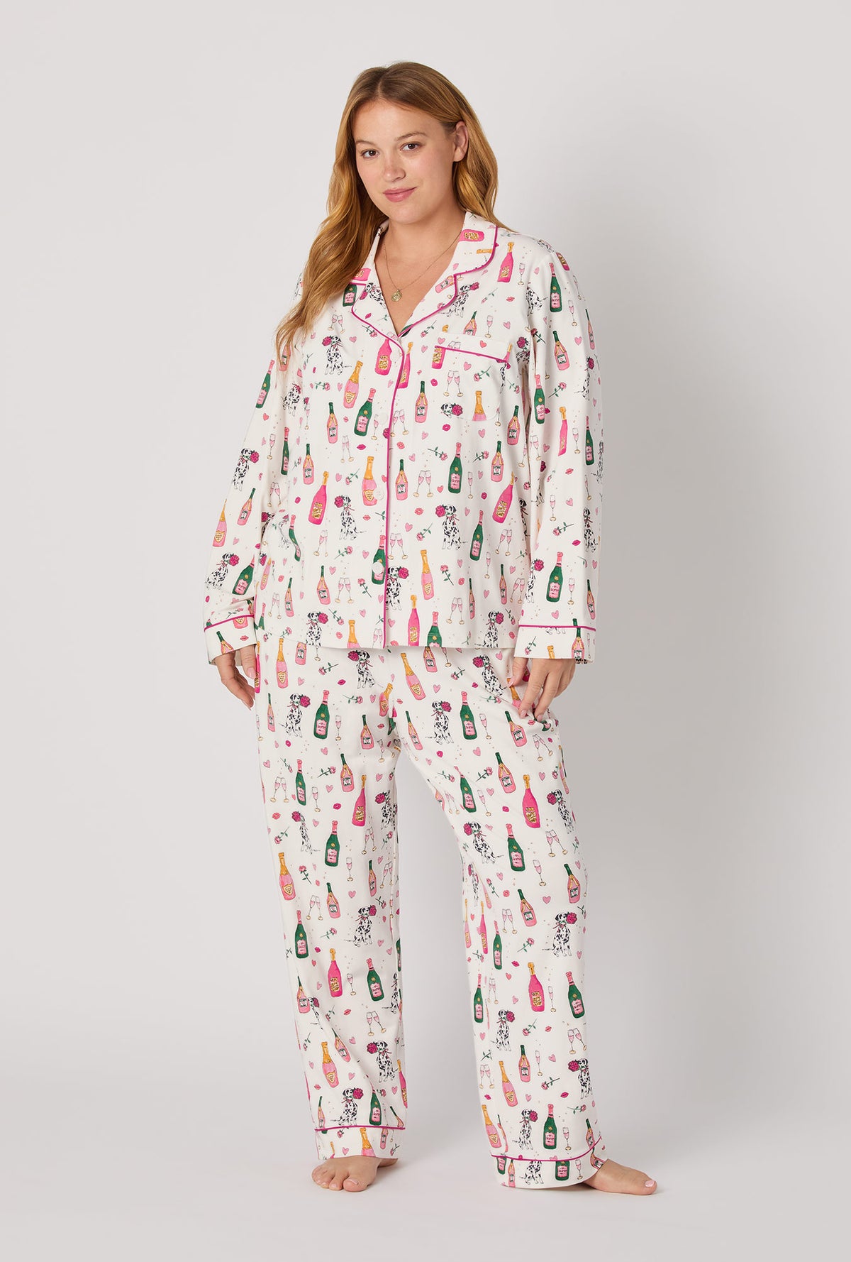 A lady wearing Be Mine Long Sleeve Classic Stretch Jersey Pj Set