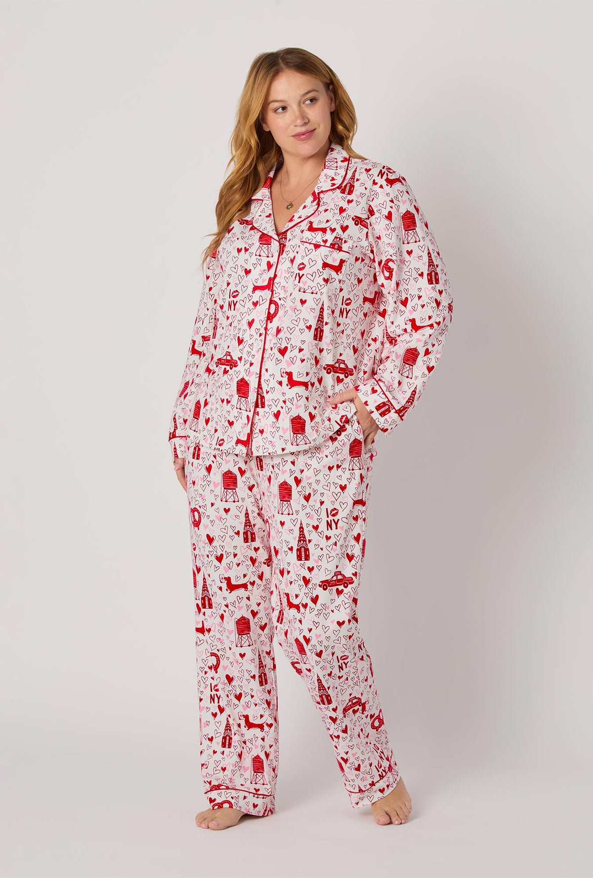 A lady wearing Heart Of The City Long Sleeve Classic Stretch Jersey Pj Set