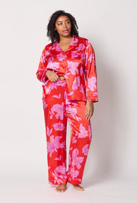 A lady wearing plus size Red Long Sleeve Classic Washable Silk Pj Set front view