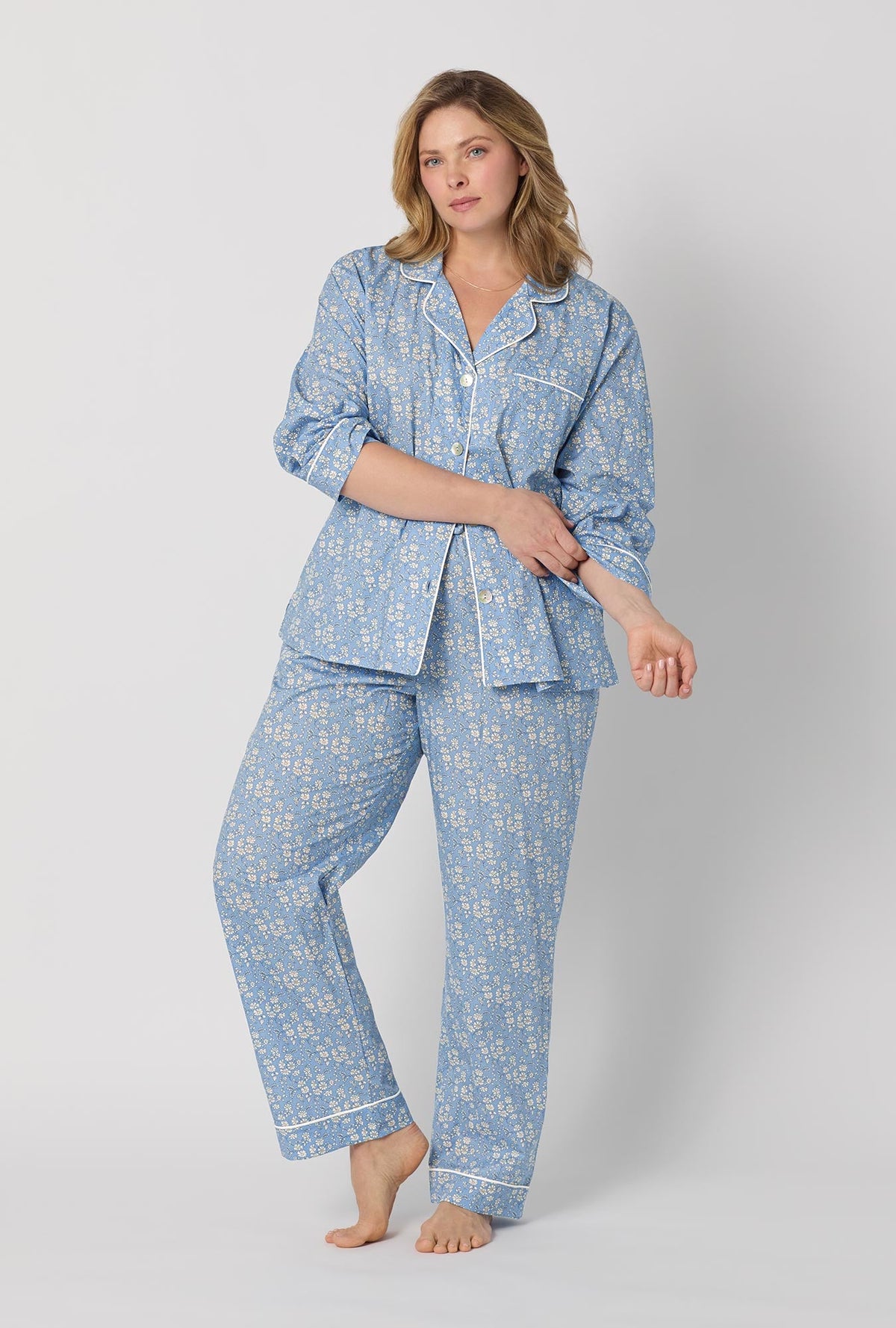 A lady wearing plus size Blue Long Sleeve Classic Woven Tana Lawn® Pj Set Made With Liberty Fabric front view