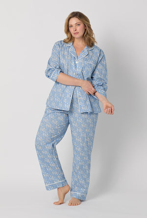 A lady wearing plus size Blue Long Sleeve Classic Woven Tana Lawn® Pj Set Made With Liberty Fabric front view