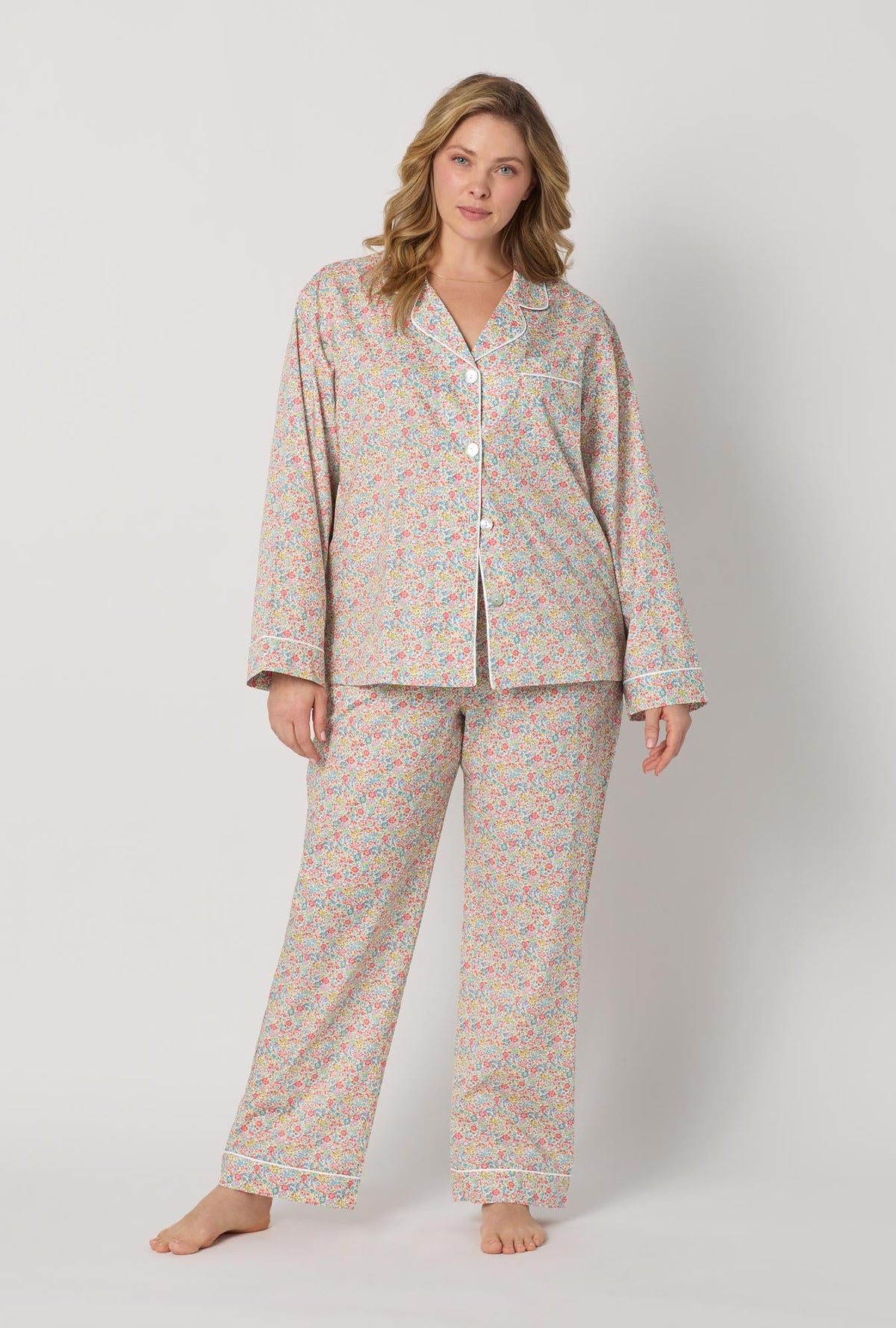 A lady wearing plus size Multi-Color Long Sleeve Classic Woven Tana Lawn® Pj Set Made With Liberty Fabric front view