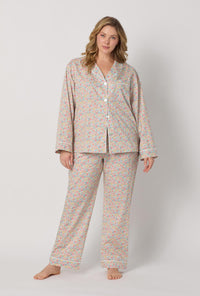A lady wearing plus size Multi-Color Long Sleeve Classic Woven Tana Lawn® Pj Set Made With Liberty Fabric front view