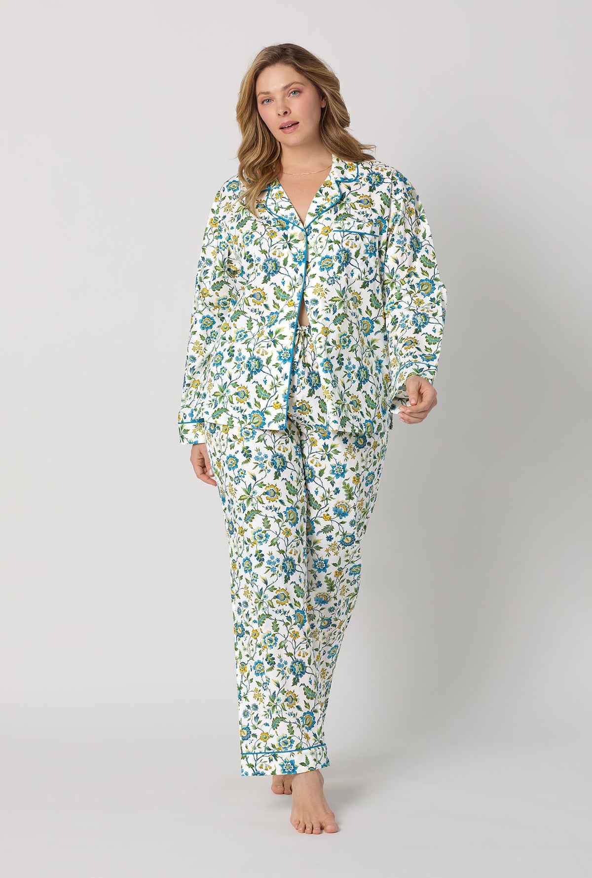A lady wearing plus size White Long Sleeve Classic Woven Tana Lawn® Pj Set Made With Liberty Fabric front view