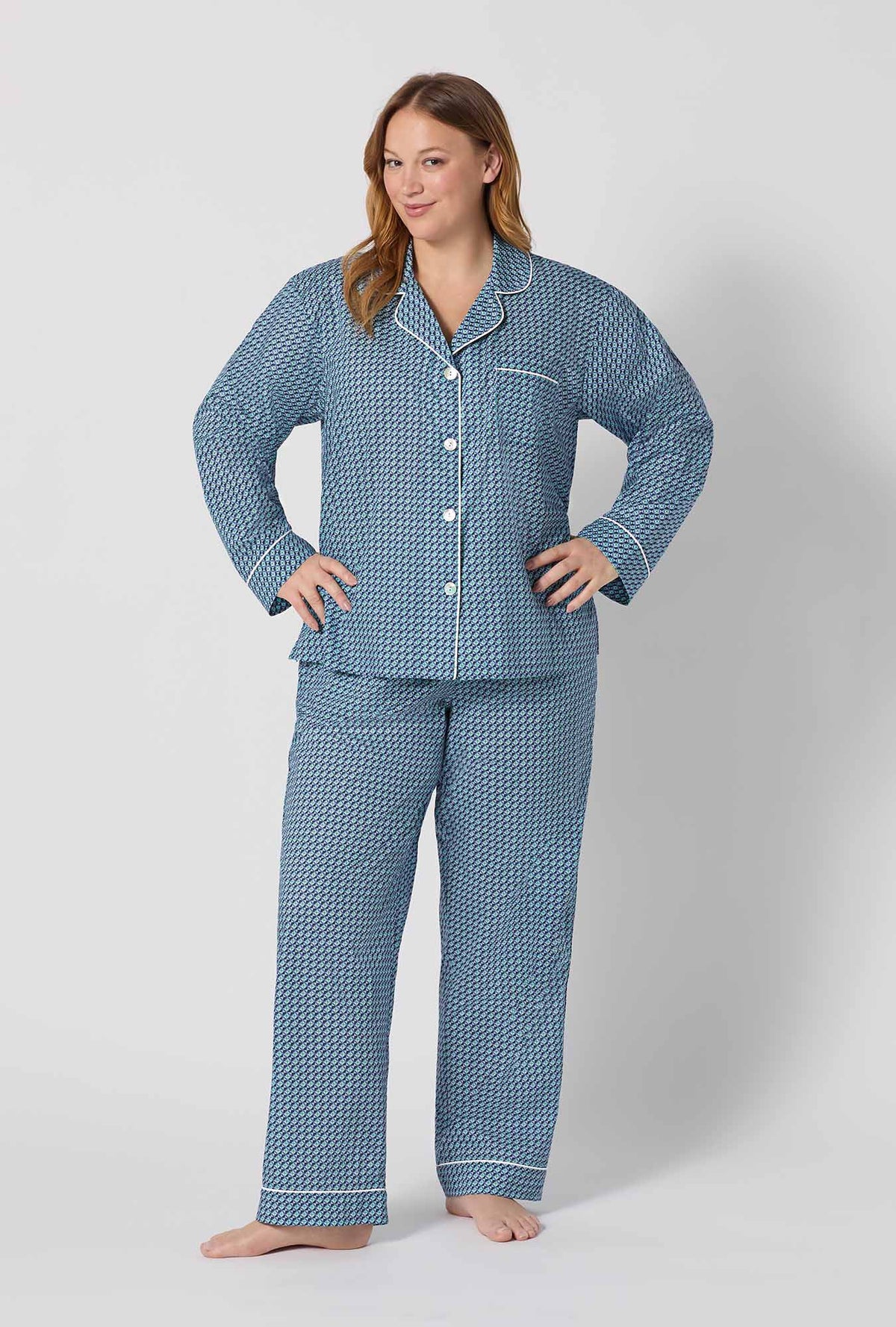 A lady wearing plus size Sebastian Long Sleeve Classic Woven Tana Lawn® Pj Set Made With Liberty Fabrics