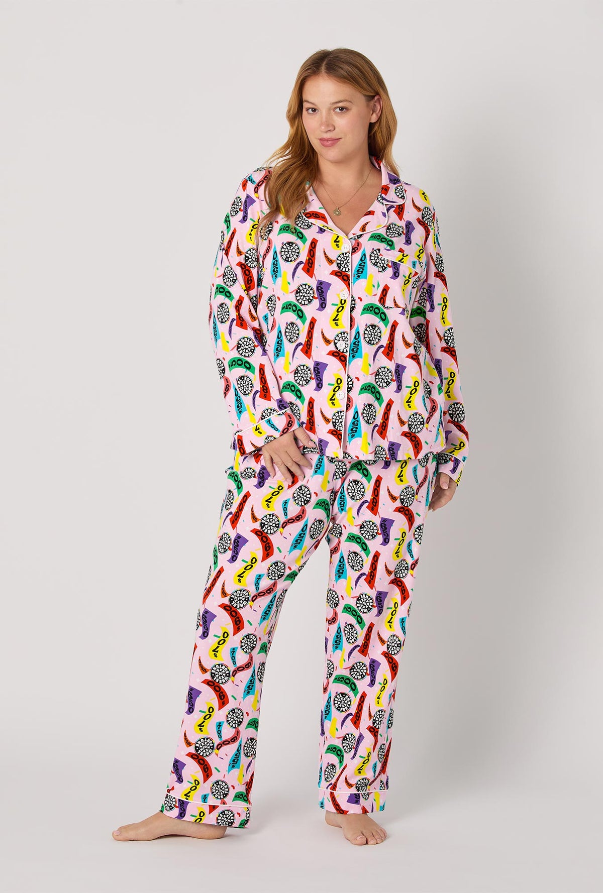 A lady wearing Spin To Win Long Sleeve Classic Stretch Jersey Pj Set