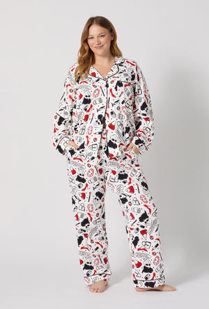 A lady wearing plus size Devil Wears Prada Long Sleeve Classic Stretch Jersey Pj Set