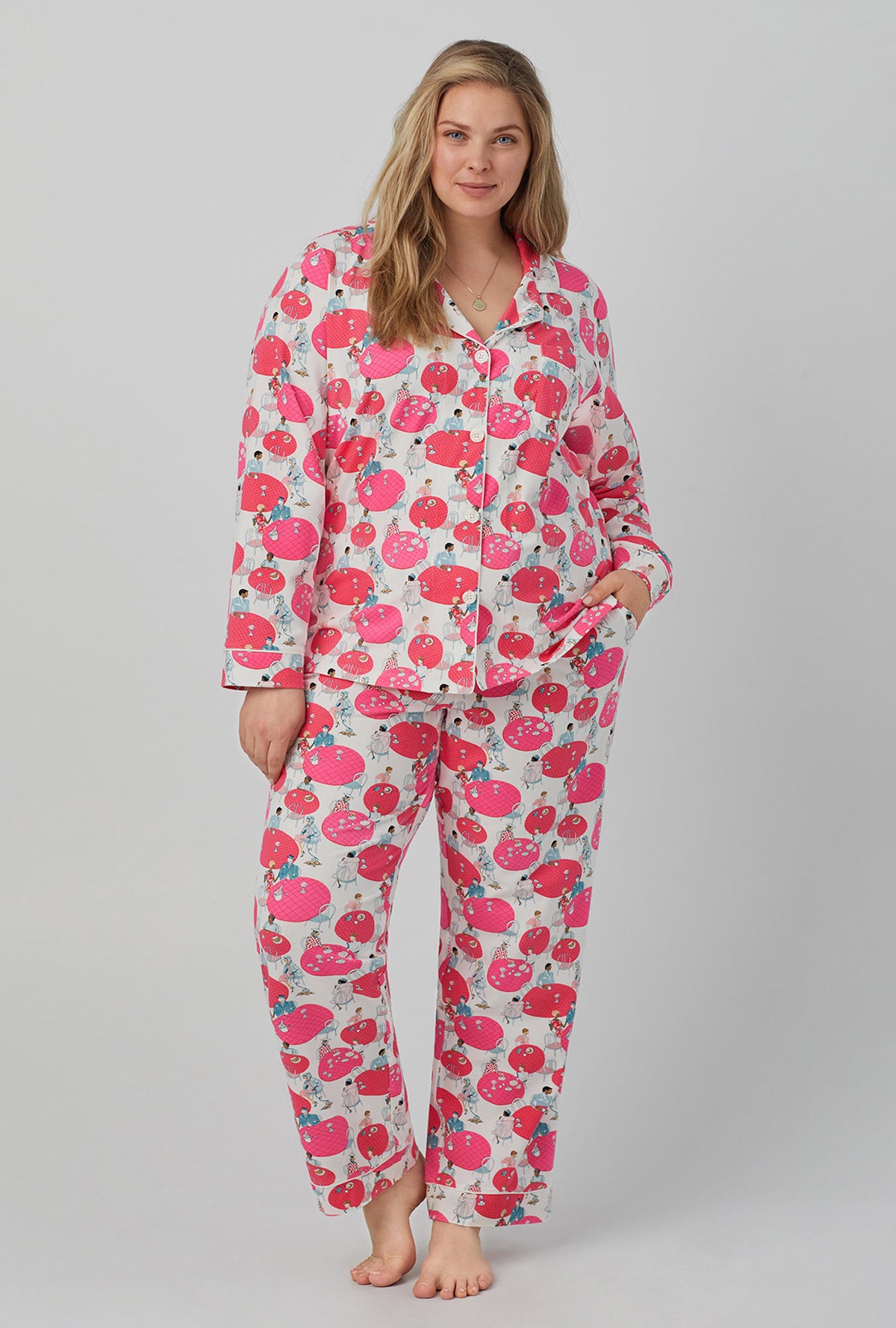 A lady wearing pink long sleeve classic stretch jersey pj set with sunday brunch print
