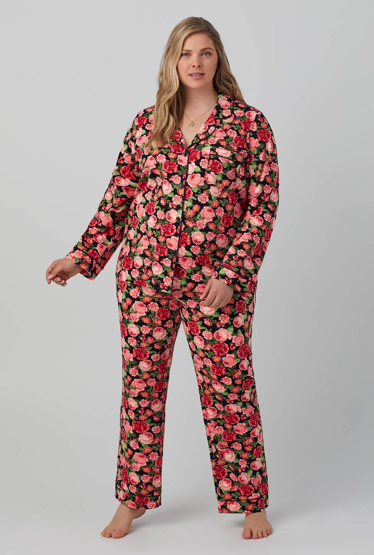 A lady wearing  Long Sleeve Classic Stretch Jersey PJ Set with Roses are Red print