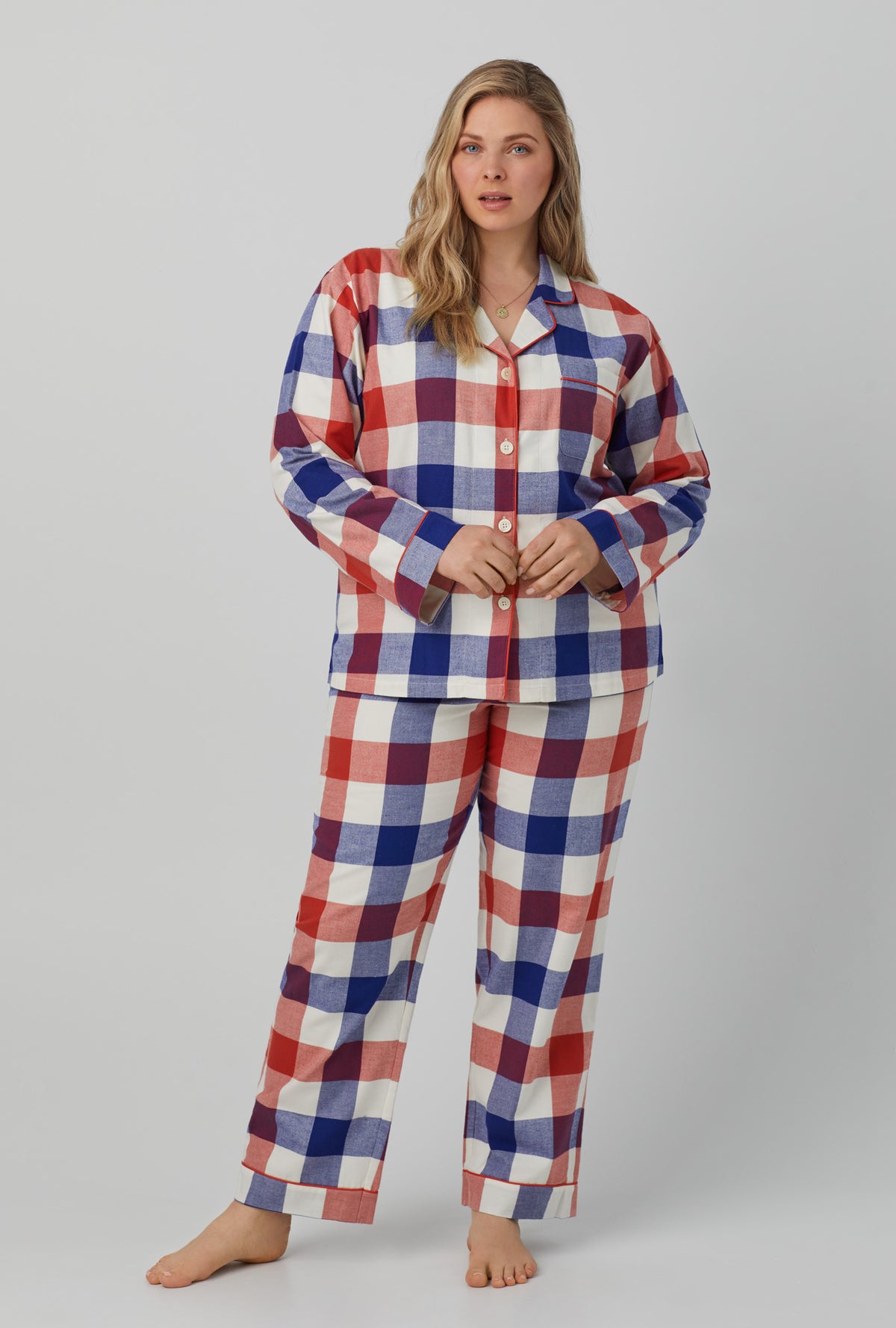 A lady wearing Long Sleeve Classic Woven Portugese Flannel Twill PJ Set with Harvest Plaid print.