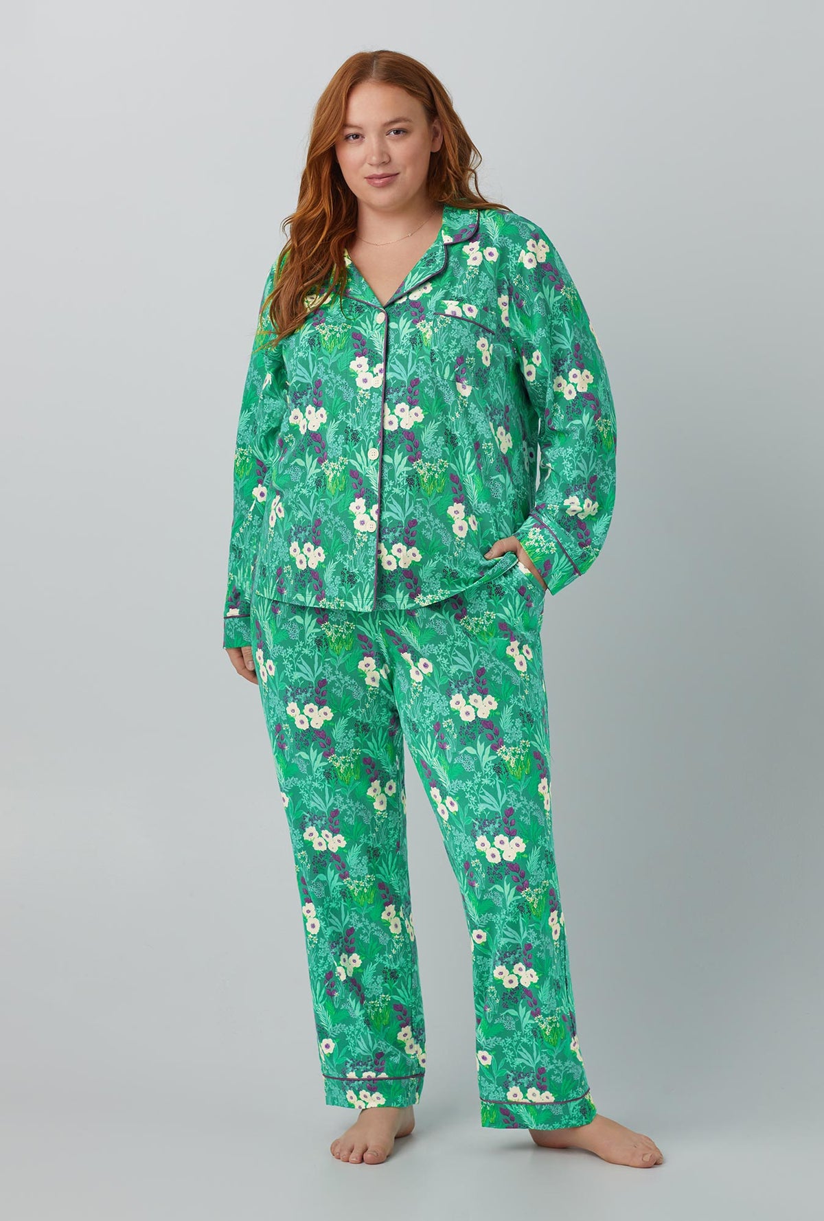 A lady wearing green  Long Sleeve Classic Stretch Jersey PJ Set with Wintergreens  print