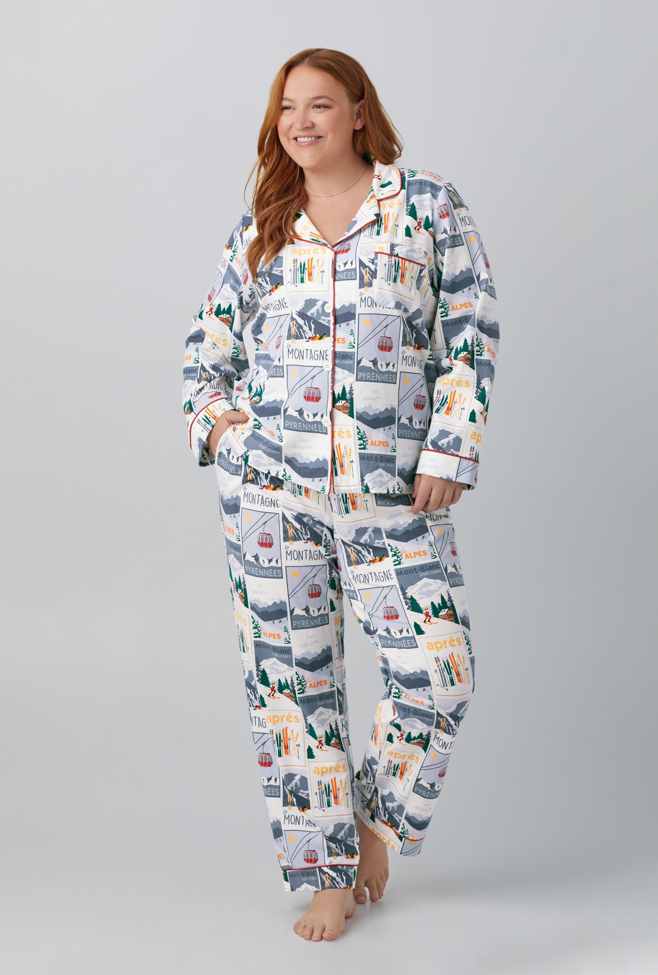 A lady wearing Long Sleeve Classic Stretch Jersey PJ Set with Holiday Getaway print