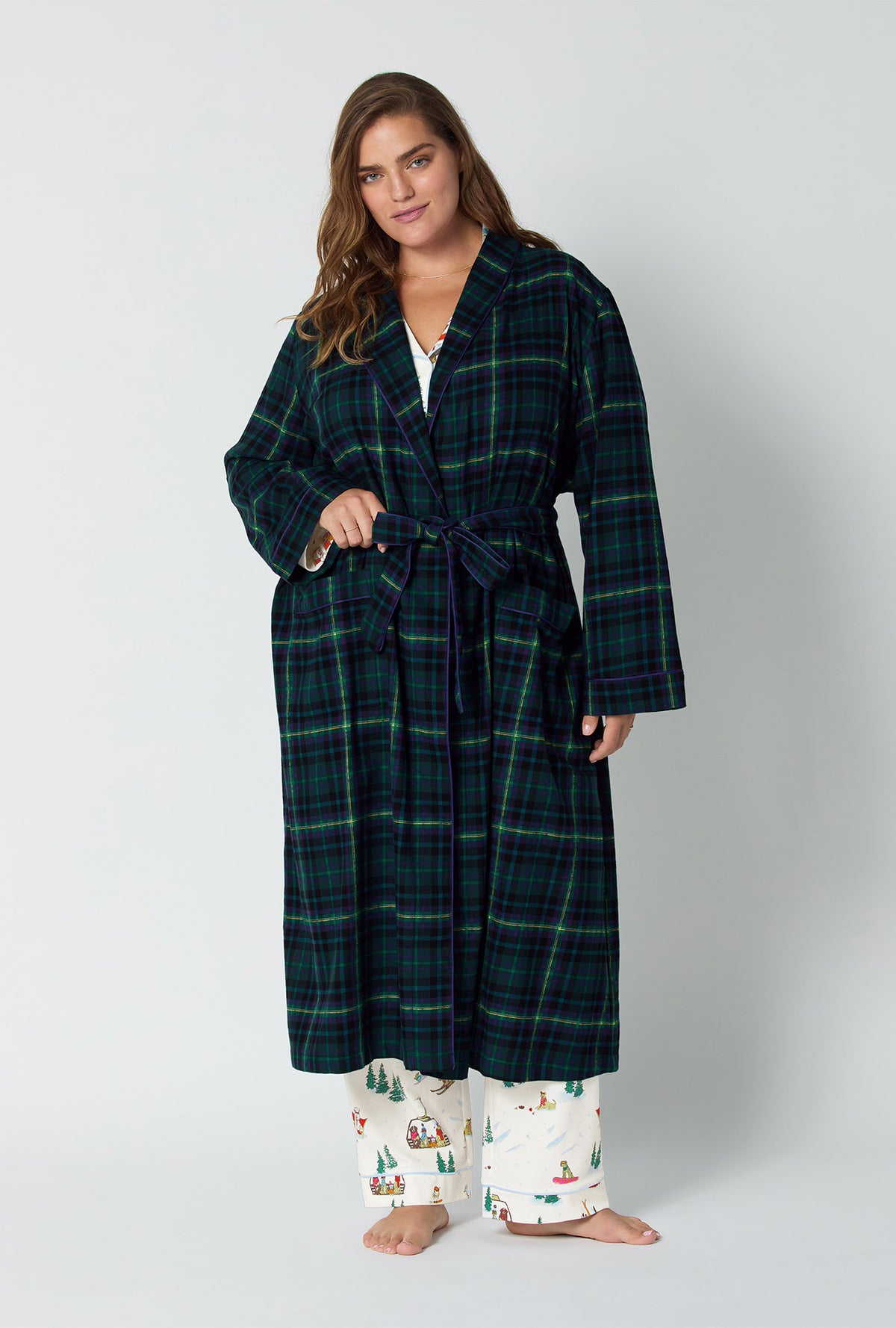 A lady wearing Walden Plaid Unisex Classic Woven Portuguese Flannel Robe de Chambre