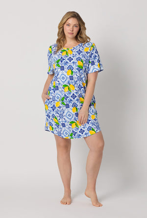 A lady wearing plus size Blue and  White Stretch Jersey T-Shirt Sleep Dress front view