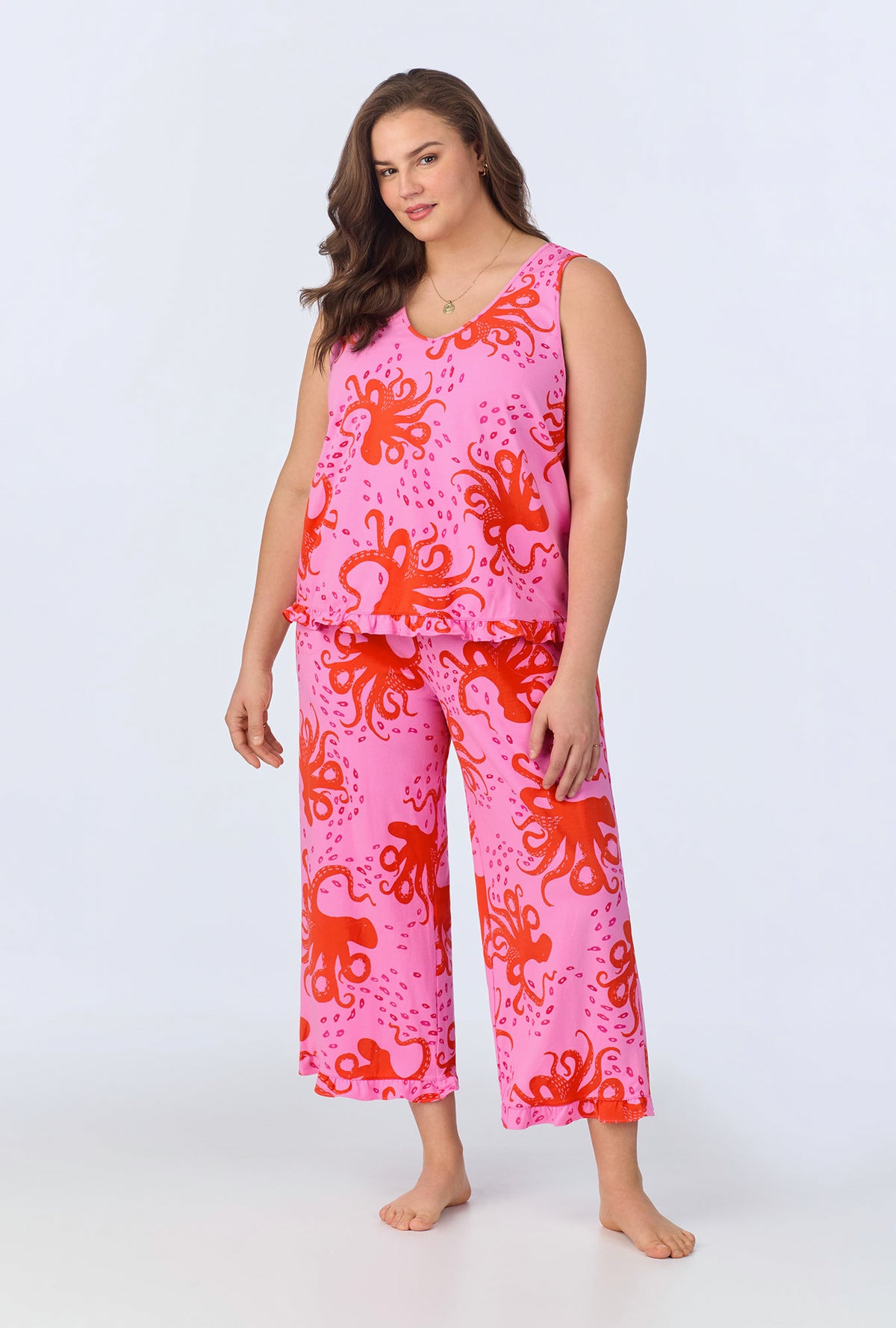A lady wearing Sea Dreamers Ruffle Tank Stretch Cropped PJ Set