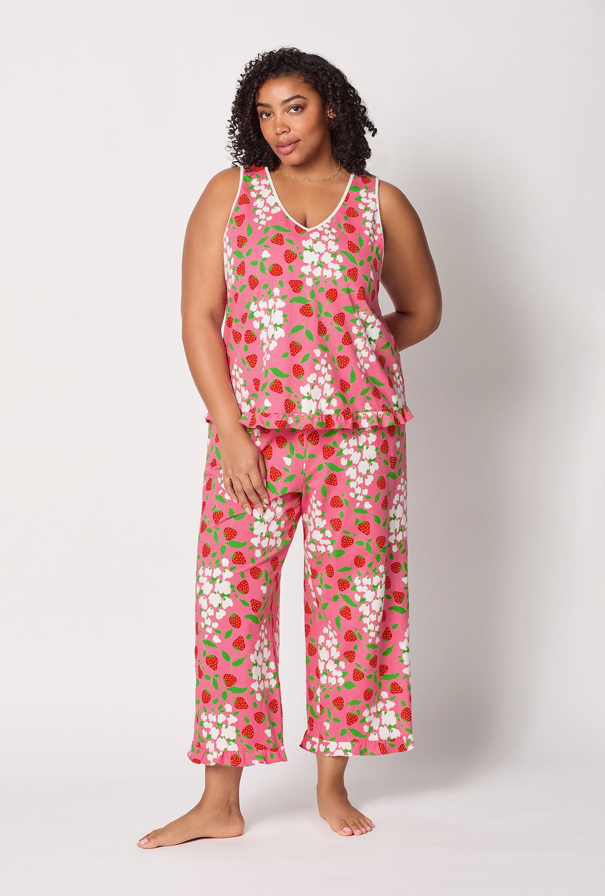A lady wearing plus size Spring Berry Ruffle Tank Stretch Jersey Cropped Pj Set